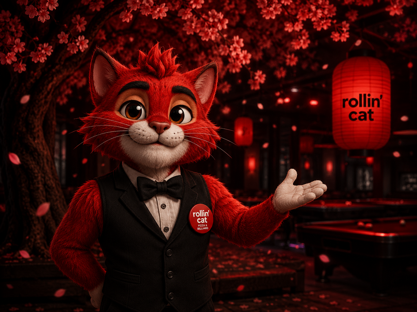 Rollin Cat – rotes Katzenmaskottchen am Eingang