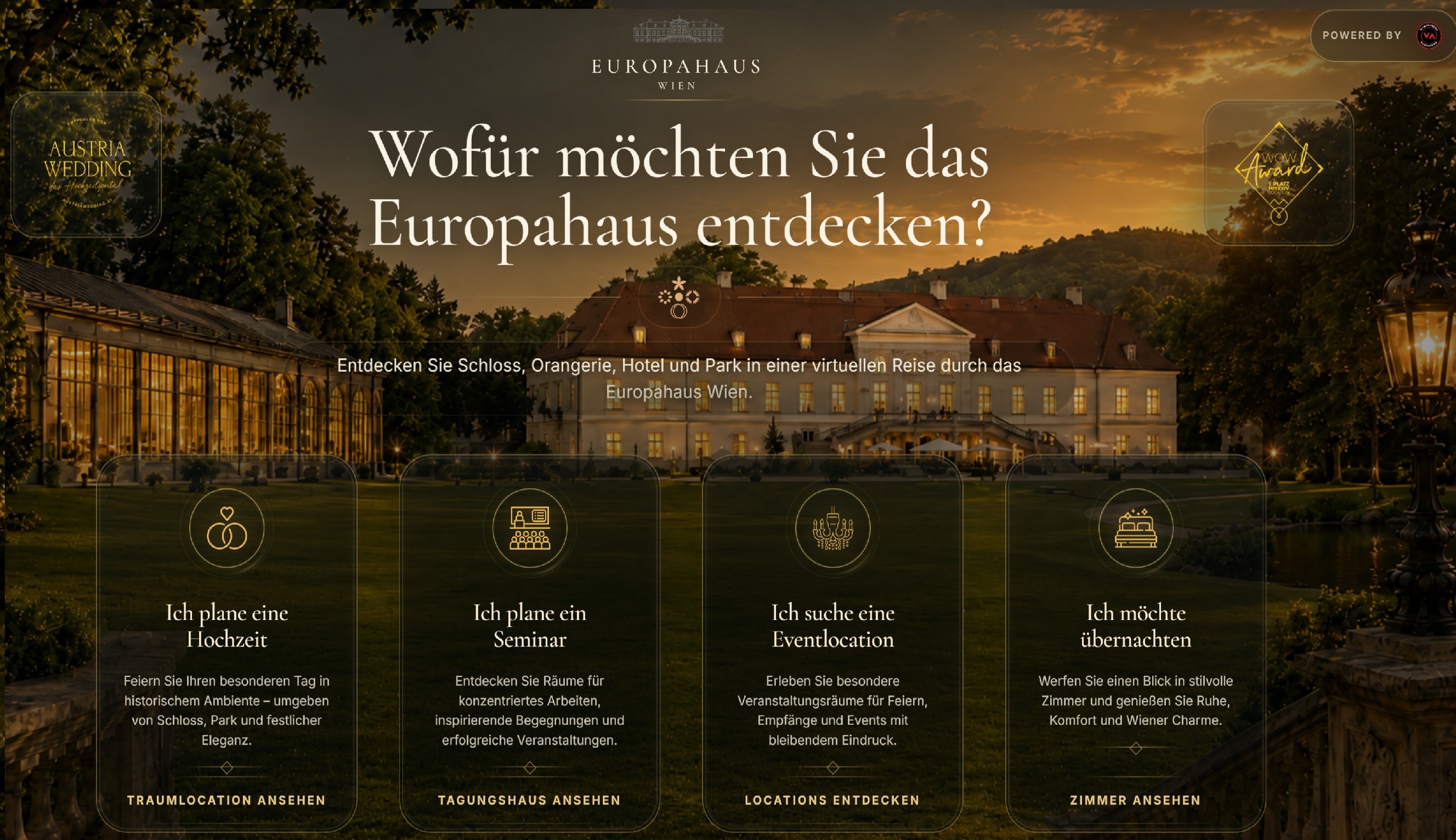 Digitale Experience-Seite des Europahaus Wien – Headline, Schloss und Orangerie